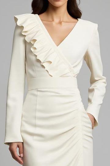 Ivory Sheath Long Sleeve Work Dress With Ruffles